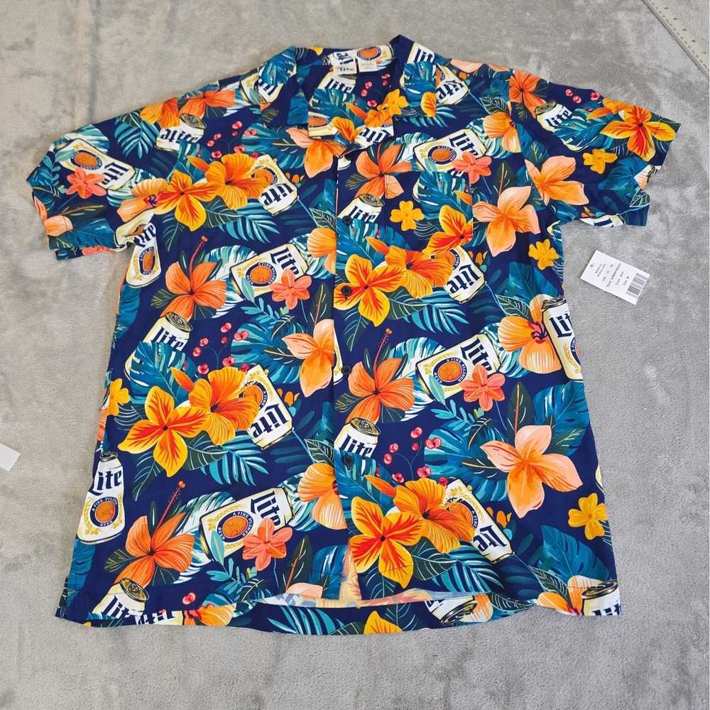 Miller Lite Shirt Mens Medium Blue Floral Hawaiian Tropical Beer Button Up
